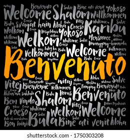 Benvenuto (Bienvenido en italiano) nube de palabras en diferentes idiomas, fondo conceptual