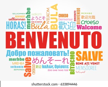 Benvenuto (Welcome in Italian) word cloud in different languages, conceptual background