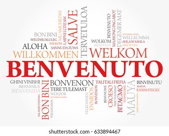 Benvenuto (Welcome in Italian) word cloud in different languages, conceptual background