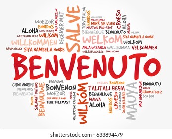 Benvenuto (Welcome in Italian) word cloud in different languages, conceptual background