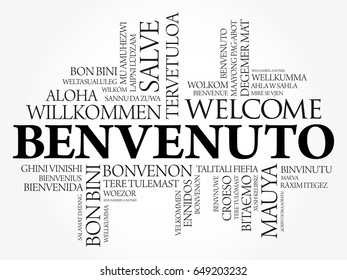 Benvenuto (Welcome in Italian) word cloud in different languages, conceptual background