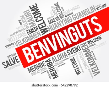 Benvinguts (Welcome in Catalan) word cloud in different languages, conceptual background
