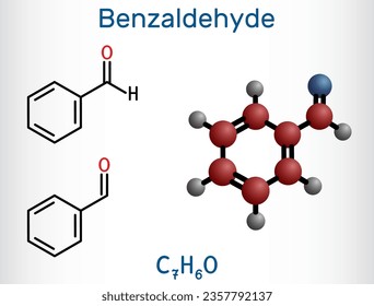 Benzaldehyd, Benzoic-Aldehyd-Molekül. Es ist einfachstes aromatisches Aldehyd mit bitterem Mandelgeruch. Strukturelle chemische Formel, Molekül-Modell. Vektorgrafik