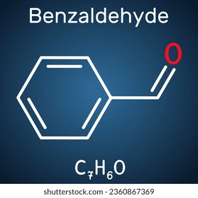 Benzaldehído, molécula de aldehído benzoico. Es el aldehído aromático más simple con olor a almendra amarga. Fórmula química estructural en el fondo azul oscuro. Ilustración del vector