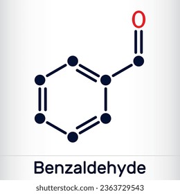 Benzaldehyd, Benzoic-Aldehyd-Molekül. Es ist einfachstes aromatisches Aldehyd mit bitterem Mandelgeruch. Chemische Skelettformel. Vektorgrafik