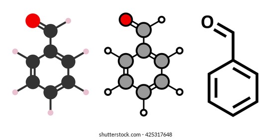 Benzaldehyde bitter almond odor molecule. Stylized 2D renderings and conventional skeletal formula.