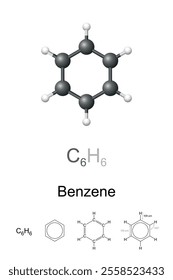 Benzene, benzol, C6H6, molecule model and chemical formula. Organic compound and aromatic hydrocarbon of six carbon atoms joined in a planar hexagonal ring with one hydrogen atom attached to each.