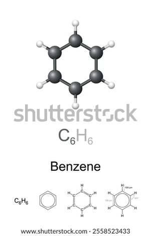 Benzene, benzol, C6H6, molecule model and chemical formula. Organic compound and aromatic hydrocarbon of six carbon atoms joined in a planar hexagonal ring with one hydrogen atom attached to each.