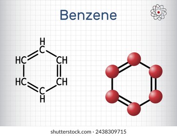 Benzene, benzol C6H6 molecule. Structural chemical formula and molecule model. Sheet of paper in a cage. Vector illustration