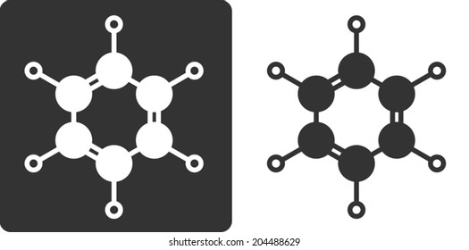 Benzene (C6H6) Aromatic Hydrocarbon Molecule, Flat Icon Style. Atoms Shown As Circles (carbon - Large, Hydrogen - Small).