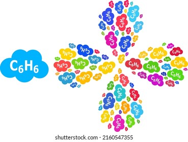 Benzene cloud icon colorful explosion flower with 4 petals composition. Element burst composed from scattered benzene cloud symbols. Vector flower icon collage in flat style.