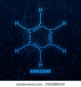 Benzene molecular formula with network connection lines forming abstract background