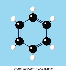 Benzene molecule. Ball-rod model. Flat style, vector illustration.