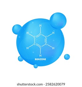 Benzene molecule structure inside blue sphere with smaller spheres floating around