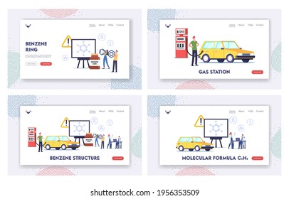 Benzene Structure Landing Page Template Set. Characters on Gas Station Filling Car with Fuel near Huge Screen with Petroleum Ring Formula C6H6, Vehicle Refueling. Cartoon People Vector Illustration