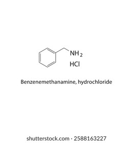 Benzenemethanamine, hydrochloride skeletal structure.Amine Salt compound schematic illustration. Simple diagram, chemical formula.