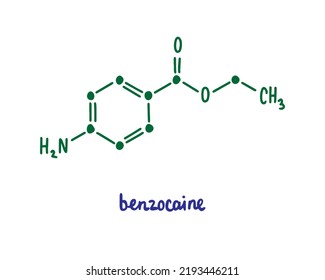 Fórmula vectorial dibujada a mano de benzocaína estructura química con membrete anestésico verde azul