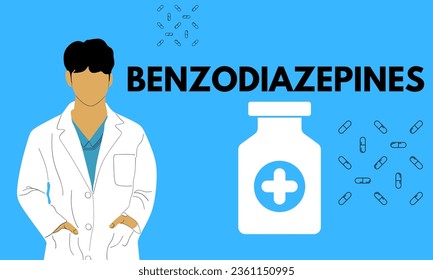 Benzodiazepines. Benzodiazepines pills in RX prescription drug bottle vector illustration 