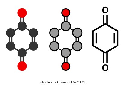 Benzoquinone (quinone, para-benzoquinone) molecule. Stylized 2D renderings and conventional skeletal formula. 