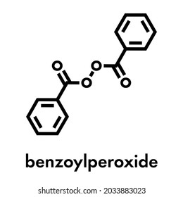 Benzoyl peroxide acne treatment drug molecule. Also used to dye hair and whiten teeth (bleaching). Skeletal formula.