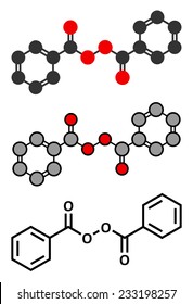 Benzoyl peroxide acne treatment drug molecule. Also used to dye hair and whiten teeth (bleaching). Conventional skeletal formula and stylized representations. 