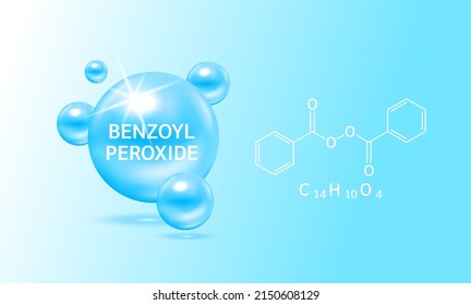 Benzoyl Peroxide blue and structure. Vitamin complex helps dissolve clogged acne reduce inflammation of acne. Medical concept. Beauty treatment nutrition skin care design. 3D Vector EPS10.