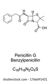 Benzylpenicillin, chemical structure and skeletal formula of penicillin G. Antibiotic used to treat a number of bacterial infections, given by injection into a vein or muscle. Illustration. Vector.