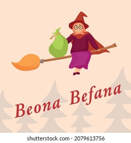 Beona Befana flies on a broomstick with a bag of gifts. Vector illustration in cartoon style. Poster for printing.