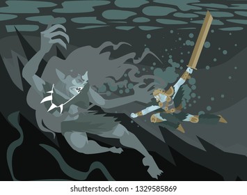 beowulf fighting the mother of grendel ogre underwater