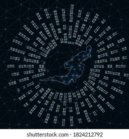 Bequia digital map. Binary rays radiating around glowing island. Internet connections and data exchange design. Vector illustration.