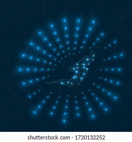 Mapa digital de Bequia. Rayos brillantes irradiando desde la isla. Conexiones de red y diseño de telecomunicaciones. Ilustración vectorial.