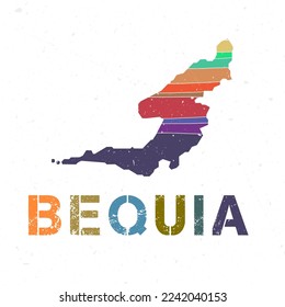 Diseño del mapa de Bequia. Forma de la isla con bellas olas geométricas y textura de grano. Potente ilustración vectorial.