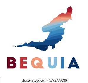 Bequia map. Map of the island with beautiful geometric waves in red blue colors. Vivid Bequia shape. Vector illustration.