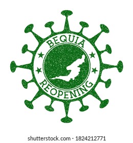 Bequia Reopening Stamp. Green round badge of island with map of Bequia. Island opening after lockdown. Vector illustration.