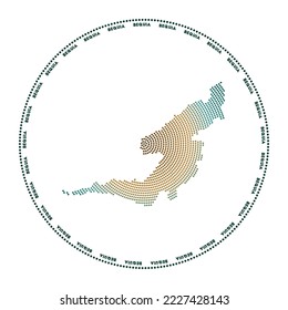 Bequia round logo. Digital style shape of Bequia in dotted circle with island name. Tech icon of the island with gradiented dots. Elegant vector illustration.