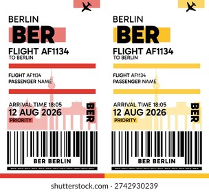 BER, Berlin, Germany luggage label, boarding pass template. Vector minimalist illustration with airport code, city destination, flight info. Flat, modern image layout
