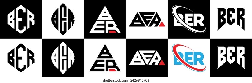 Diseño del logotipo de la letra BER en seis estilos. BER polígono, círculo, triángulo, hexágono, estilo plano y simple con el logotipo de la letra de la variación del color blanco y negro establecido en una mesa de trabajo. BER logotipo minimalista y clásico