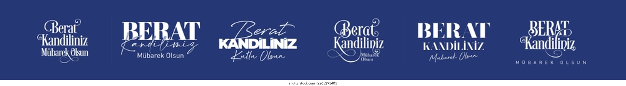 Weiße türkische islamische Typografie auf marineblau blauem Boden. Übersetzung: Berat Kandili Mubarak.