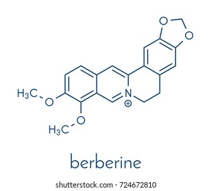Berberine alkaloid molecule. Present in number of plants. Used as a yellow dye and as a traditional antifungal medicine. Skeletal formula.