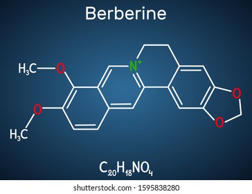 Berberine C20H18NO4, herbal alkaloid molecule. Structural chemical formula on the dark blue background. Vector illustration
