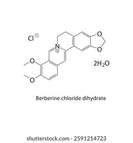 Berberine chloride dihydrate skeletal structure.Alkaloid compound schematic illustration. Simple diagram, chemical formula.