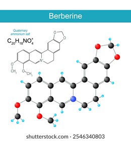 Molécula de berberina. fórmula estructural química molecular y modelo de alcaloide vegetal para el tratamiento del síndrome metabólico, reducción del colesterol, control de peso. Propiedades antiinflamatorias. Herbario