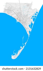 Berdiansk, Zaporizhia Oblast, Ukraine high resolution vector map with city boundaries and outlined paths. White additional outlines for main roads. Many detailes. Blue shapes and lines for water.