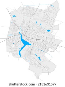 Berdychiv, Zhytomyr Oblast, Ukraine high resolution vector map with city boundaries and outlined paths. White additional outlines for main roads. Many detailes. Blue shapes and lines for water.