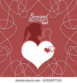 Bereaved Mother's Day event banner. Illustration of a mother who lost her child with a big heart on dark pink background to commemorate on May svg