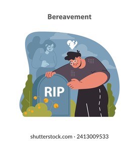 Retrato de Bereavement. Un homenaje conmovedor a un cónyuge perdido, envuelto en recuerdos y pena. Ilustración vectorial plana.