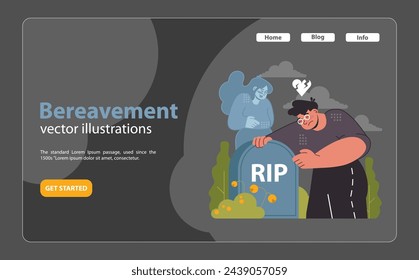 Bereavement web or landing. A poignant tribute to a lost spouse, enveloped in memories and sorrow. Flat vector illustration. svg