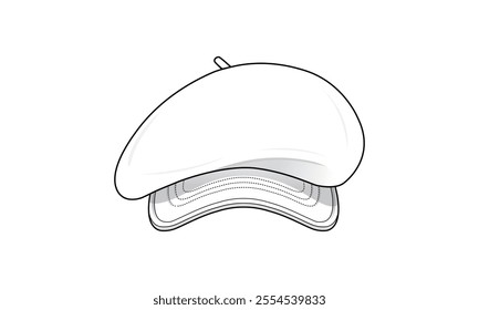 Beret Cap technical fashion illustration. beret cap vector template illustration. Front view. curved brim. unisex. white color. CAD mockup.