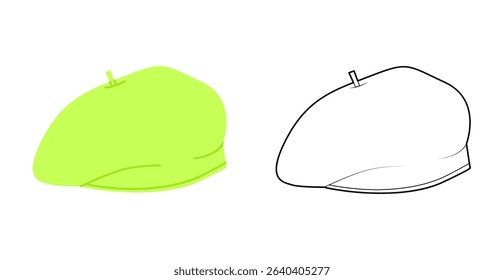 Beret Hat. Winter Head Fashion accessory cap clothing technical illustration. Vector headgear for Men, women, unisex style, flat template CAD mockup sketch outline isolated