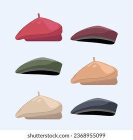 Beret icons set. Beige, brown, red and green hats. Trendy and fashionable elements of clothing. Fashion and style, elegance. Cartoon flat vector collection isolated on blue background